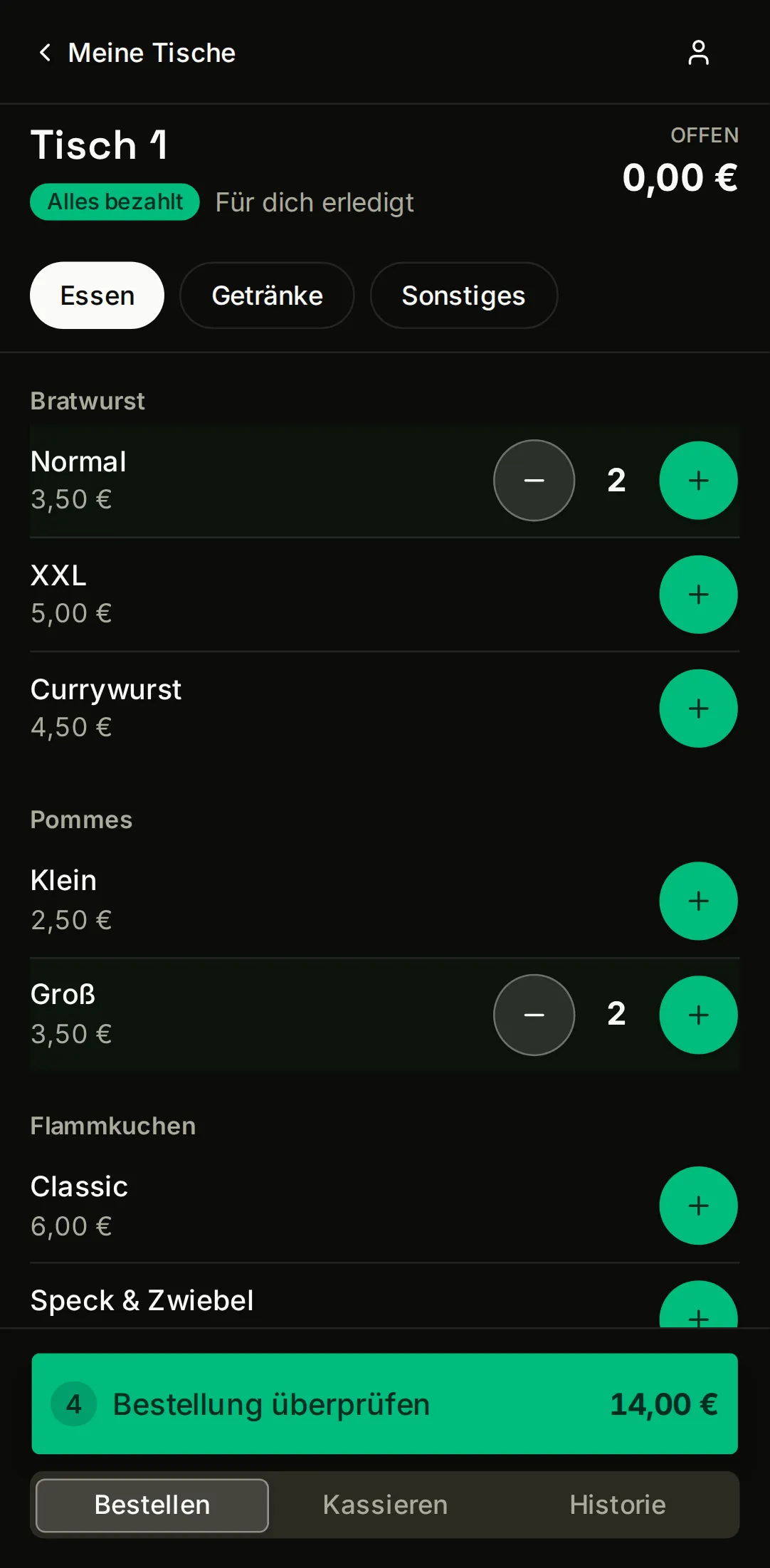 jotti-Bestellansicht auf dem Smartphone: die Produktkategorie „Essen“ mit Mengen-Steppern und die grüne Leiste „Bestellung überprüfen“ über 14,00 €.