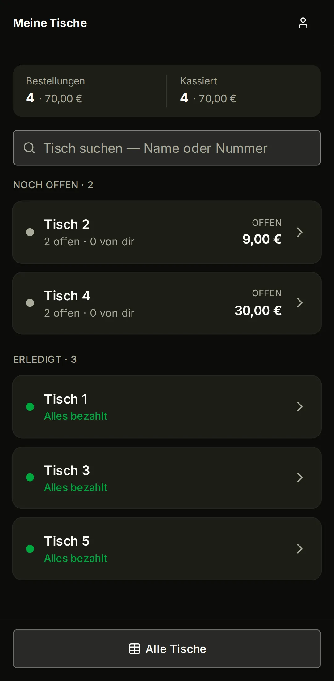 jotti-Tischübersicht auf dem Smartphone: die Kacheln der Tische mit offenen Beträgen.