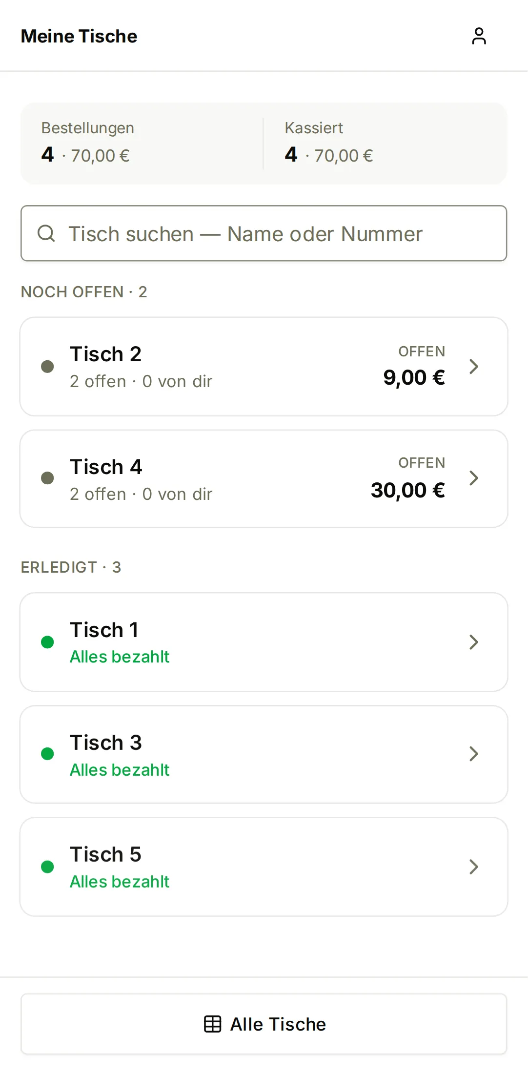 jotti-Tischübersicht auf dem Smartphone: die Kacheln der Tische mit offenen Beträgen.