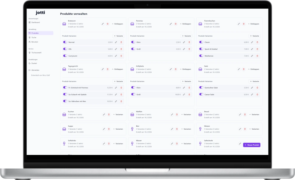 jotti Admin-Bereich: Produktverwaltung mit Varianten und Preisen