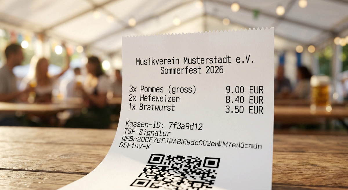 Gedruckter Kassenbon auf einem Bierzelttisch beim Vereinsfest — mit Artikeln, TSE-Signatur und QR-Code